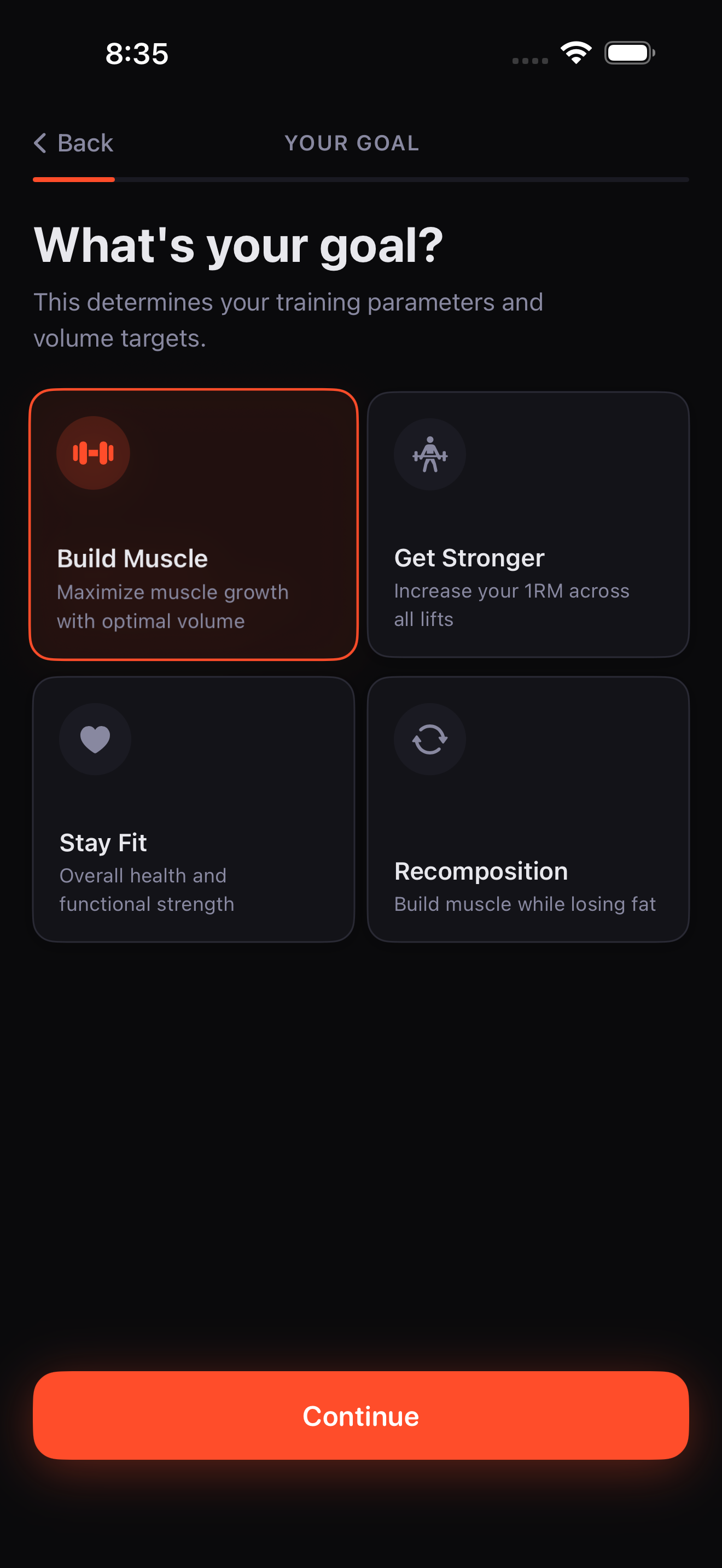 Goal selection screen showing hypertrophy, strength, fitness, and recomp options