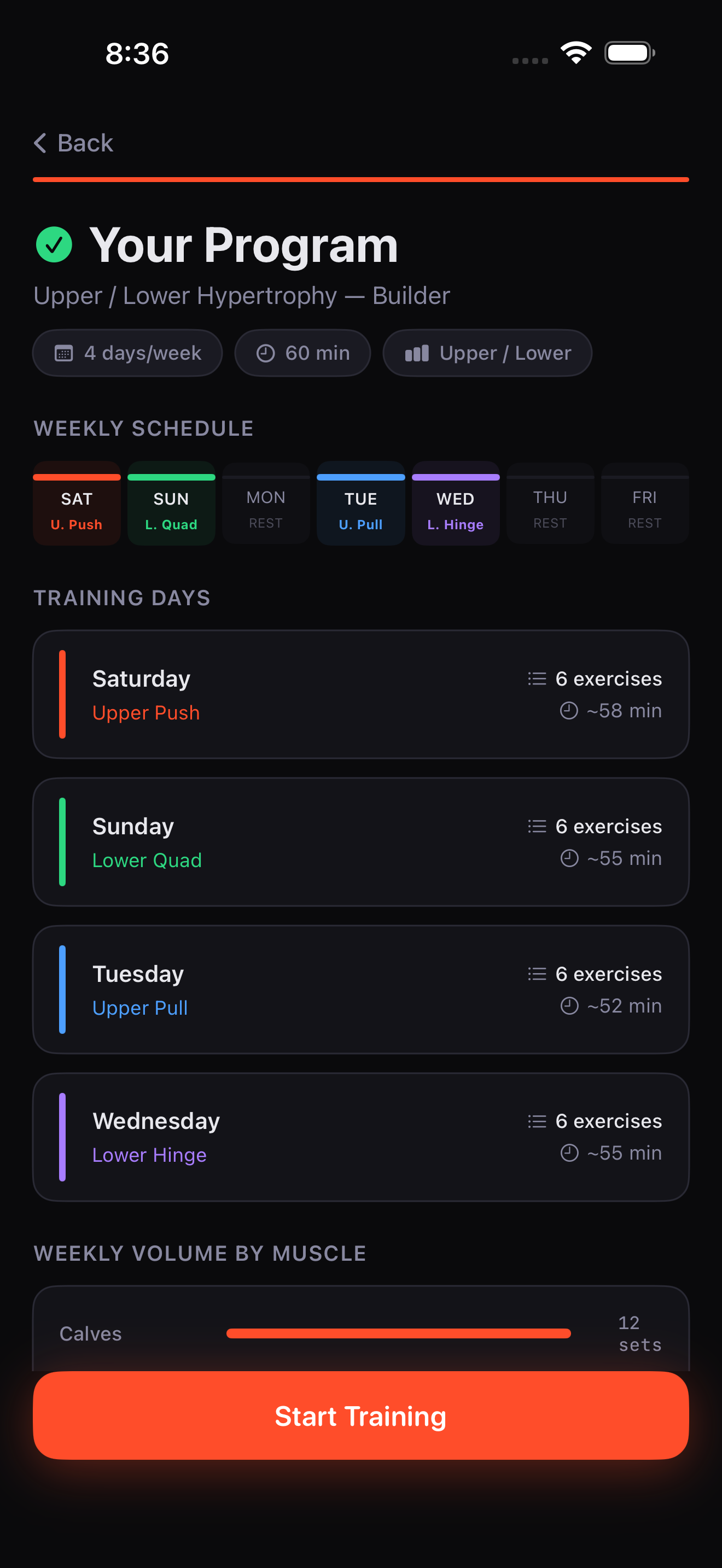 Generated program summary showing your personalized weekly training schedule